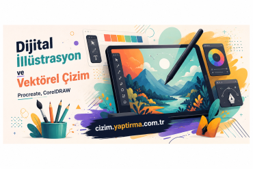 Vibrant banner with a drawing tablet, stylus, brushes and color swatches promoting digital illustration and vector drawing in Turkish. Includes the site cizim.yaptirma.com.tr.