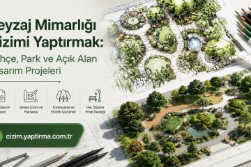 Peyzaj mimarlığı tasarım hizmetlerini tanıtan afiş; planlar ve 3D bahçe park tasarımı, kalemler ve ölçüm cetveliyle.