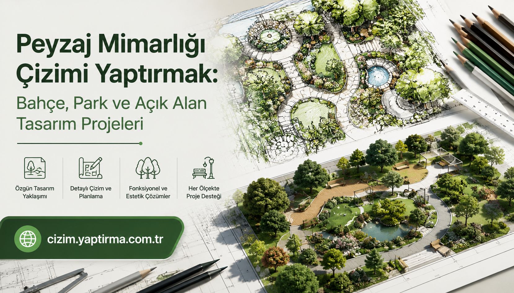Peyzaj mimarlığı tasarım hizmetlerini tanıtan afiş; planlar ve 3D bahçe park tasarımı, kalemler ve ölçüm cetveliyle.