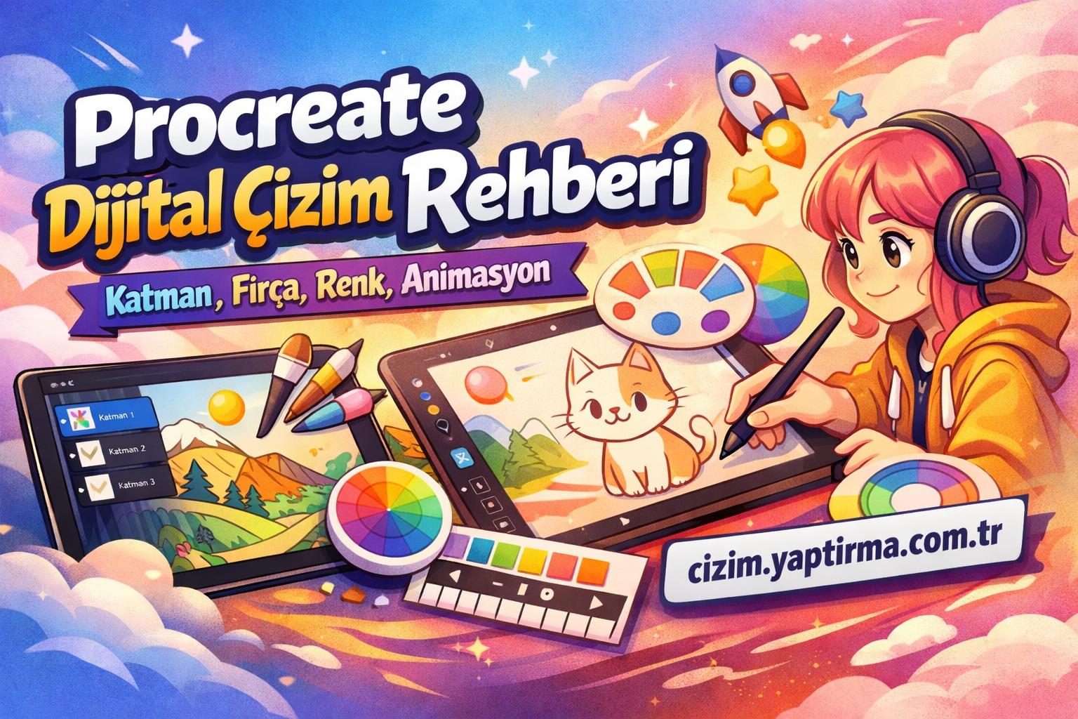 Vibrant banner of a girl with headphones drawing on a tablet, color wheel and brushes, for a Turkish Procreate digital drawing guide (includes cizim.yaptirma.com.tr).