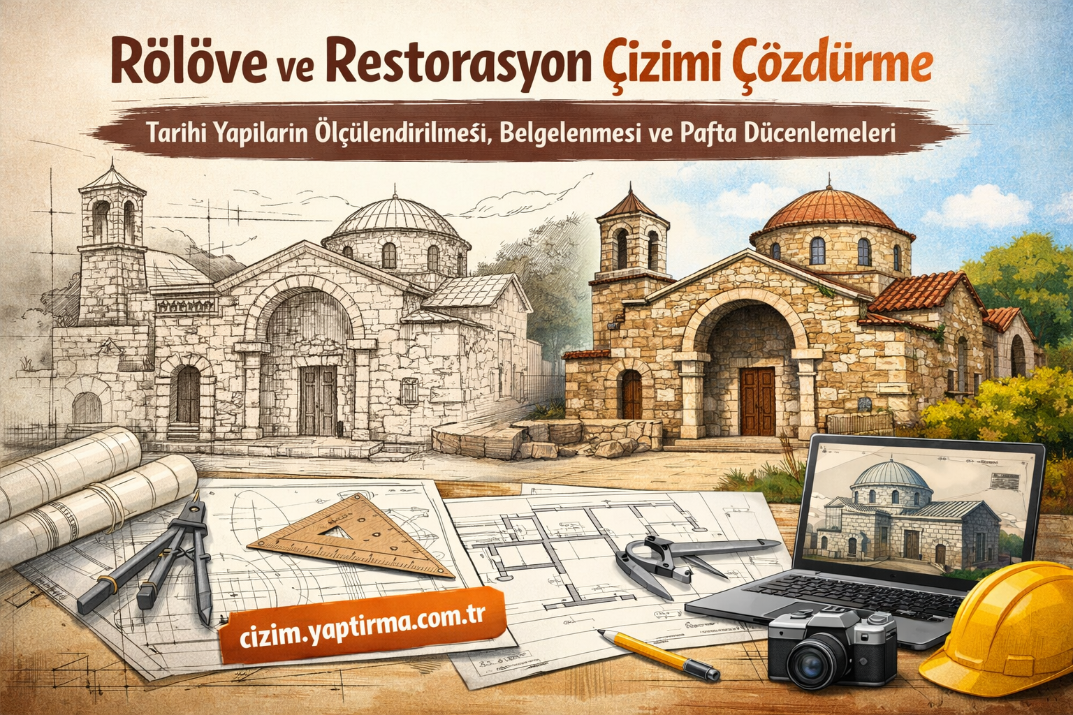 Banner-style illustration of architectural restoration work with two stone churches, drafting plans, and tools on a worktable including a laptop showing the building image, a camera, and a yellow hard hat.