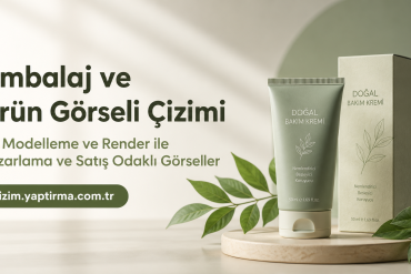 Turkish product ad for natural care cream, featuring a green tube and beige box beside leafy design, with large bold headline and the URL cizim.yaptirma.com.tr on a rounded green button.