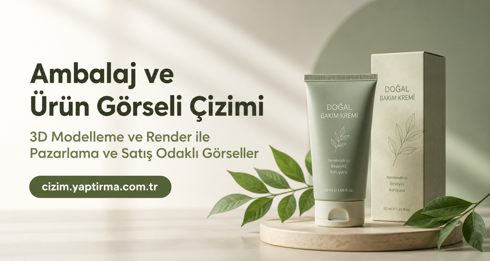 Turkish product ad for natural care cream, featuring a green tube and beige box beside leafy design, with large bold headline and the URL cizim.yaptirma.com.tr on a rounded green button.