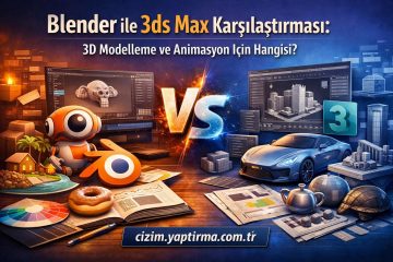 Turkish banner comparing Blender and 3ds Max for 3D modeling and animation with a bold VS in the center and two computer screens featuring 3D scenes.
