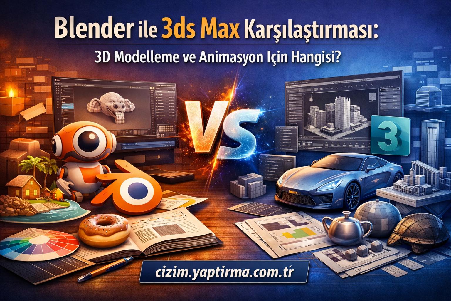 Turkish banner comparing Blender and 3ds Max for 3D modeling and animation with a bold VS in the center and two computer screens featuring 3D scenes.
