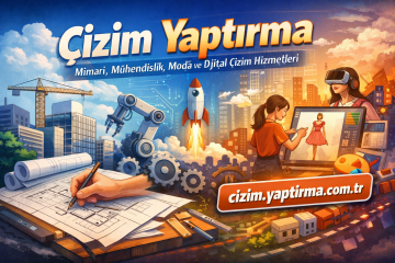 Vibrant banner promoting drawing services (architecture, engineering, digital design) with blueprint drafting, robotics, rocket launch, and a designer at a tablet.