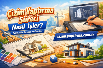 Mimari tasarım sürecini gösteren renkli afiş; planlar, kalemler ve tasarım tableti ön planda.