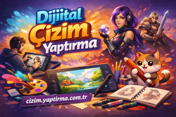 Vibrant banner for digital drawing service with artists at tablets, a cat holding a giant pencil, and colorful art supplies.