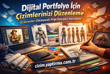 Studio desk with laptop, sketches, and a drawing tablet; banner promotes editing your digital portfolio in Turkish.