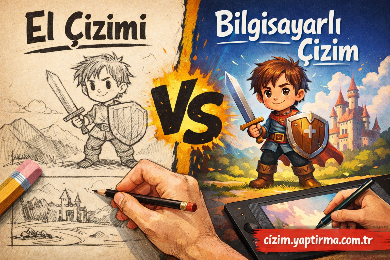 Left: a pencil-sketch knight with shield, facing a bold 'Vs' to the right; a hand draws with a pencil, and a tablet with a stylus is visible. On the right: a fully colored knight in armor with a sword and shield, in a castle backdrop.