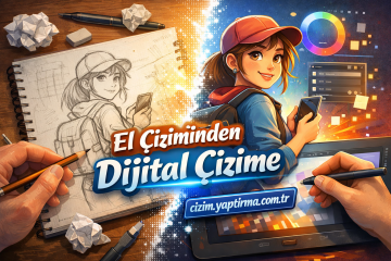 Split scene with a hand-drawn sketch and pencils on the left transitioning to a bright digital illustration of a girl with a tablet on the right, conveying the shift from traditional to digital drawing. The Turkish text El Çiziminden Dijital Çizime is front and center, with a blue banner showing cizim.yaptirma.com.tr.