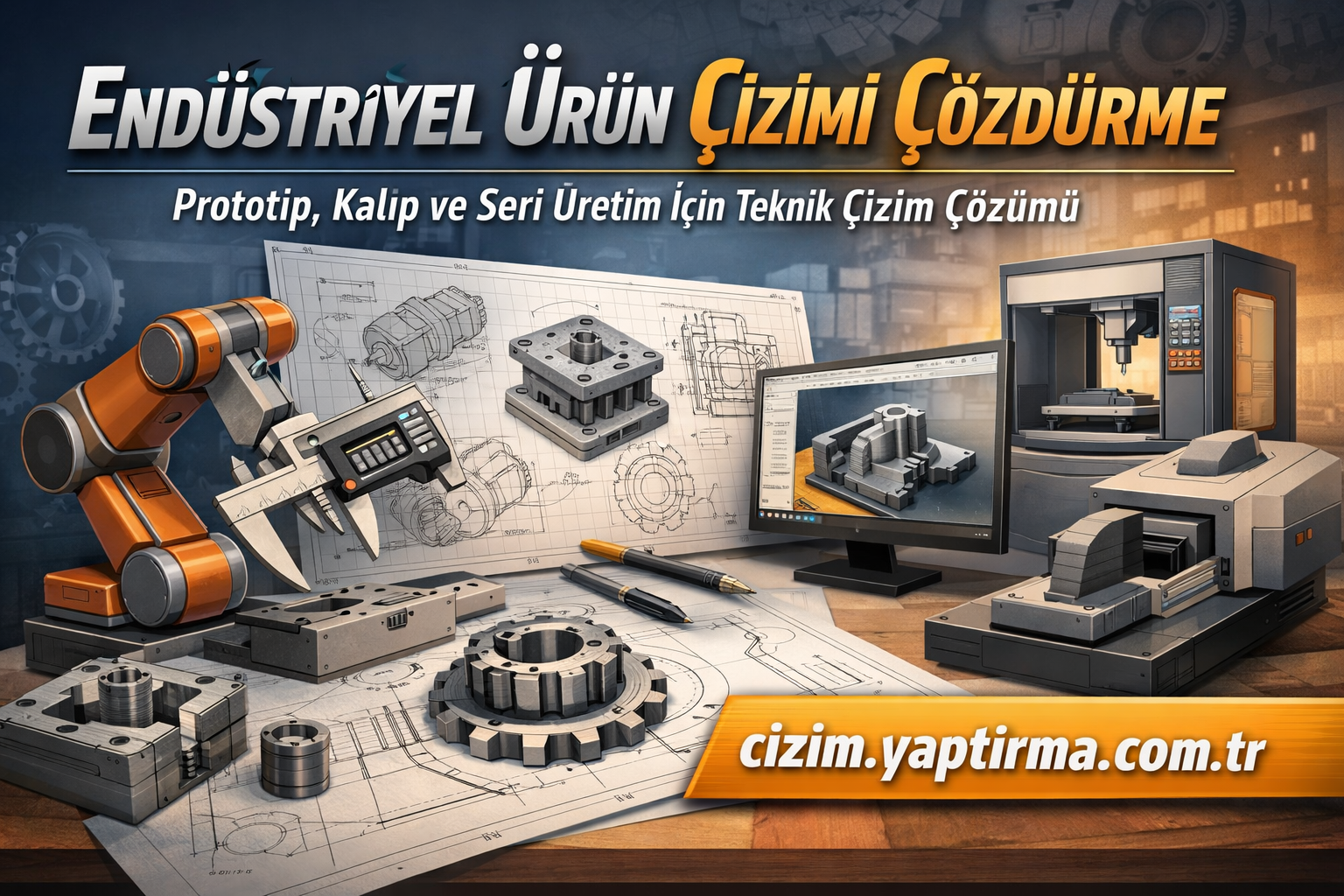 Industrial design setup with a robotic arm, blueprints, a CAD monitor and a CNC machine, promoting cizim.yaptirma.com.tr