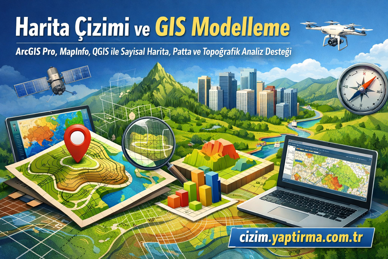 Colorful GIS concept with maps, a magnifying glass, 3D terrain, city skyline, drone, compass, and a laptop showing maps.