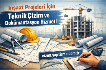 İnşaat projeleri için teknik çizim ve dokümantasyon hizmeti görseli: planlar, helmet ve kule crane ile çalışılan şantiye