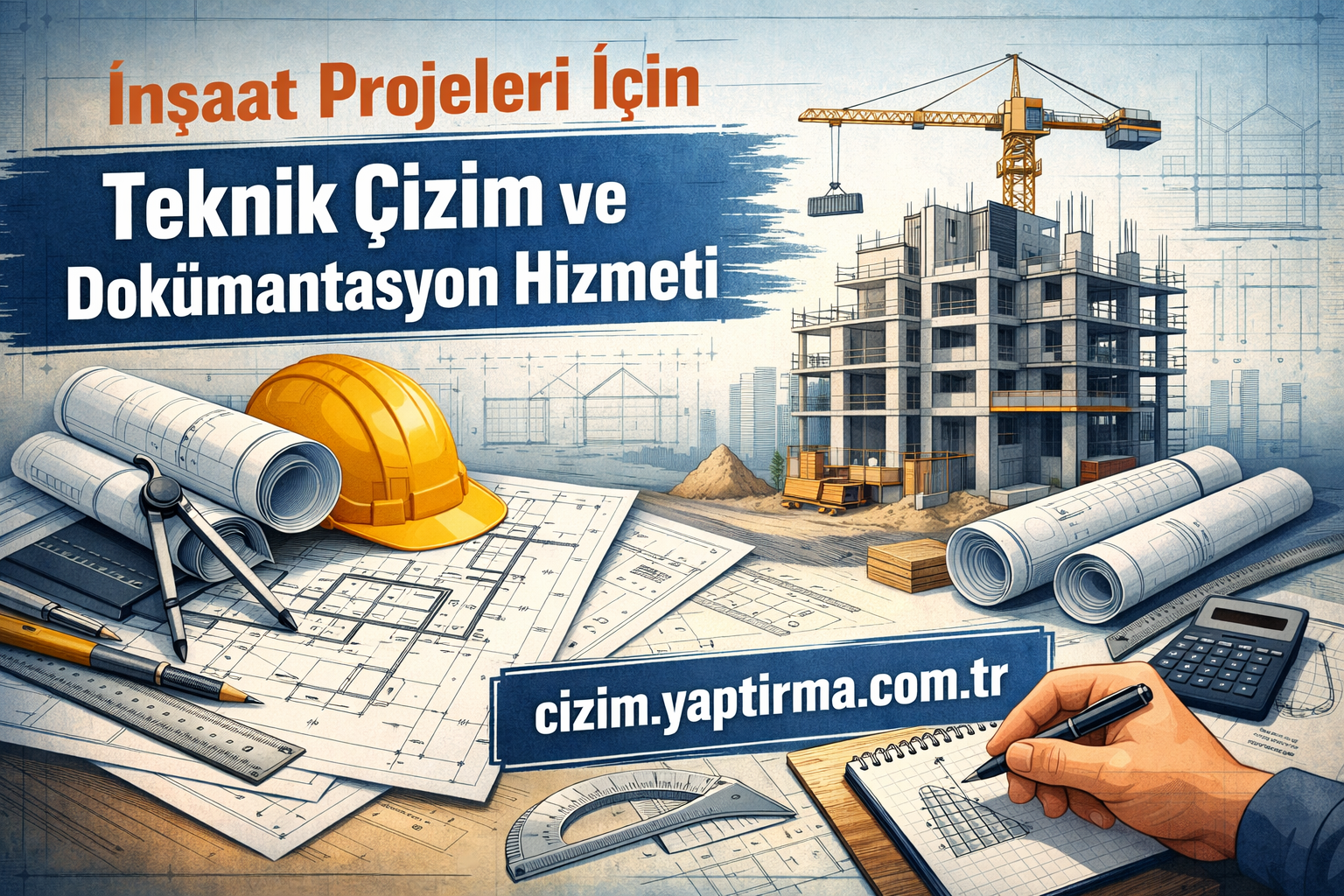 İnşaat projeleri için teknik çizim ve dokümantasyon hizmeti görseli: planlar, helmet ve kule crane ile çalışılan şantiye