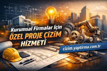 Kurumsal firmalar için özel proje çizim hizmetinin tanıtımı; blueprintler, şantiye teması ve endüstriyel makineler eşliğinde, cizim.yaptirma.com.tr