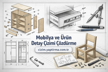 Exploded-view cabinet with panels and hardware shown on a blueprint, plus drafting tools and a wooden chair.