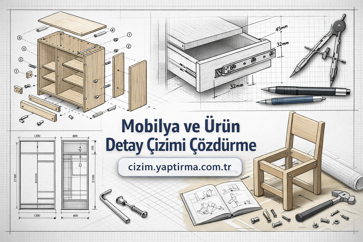 Exploded-view cabinet with panels and hardware shown on a blueprint, plus drafting tools and a wooden chair.