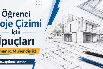 Banner: 'Öğrenci Proje Çizimi İçin İpuçları (Mimarlık, Mühendislik)' with blueprint sketches, rulers and pencils in a blue-and-white design to promote student drawing tips in architecture and engineering.