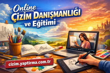 Online drawing coaching and education promo with art supplies on a desk and a laptop showing a live drawing lesson, colorful sunrise backdrop.