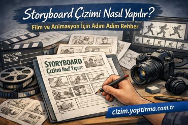 Illustration of a storyboard drawing workspace with sketches, camera, film reels, and a hand drawing on a storyboard page; Turkish title at top and a website banner bottom right.