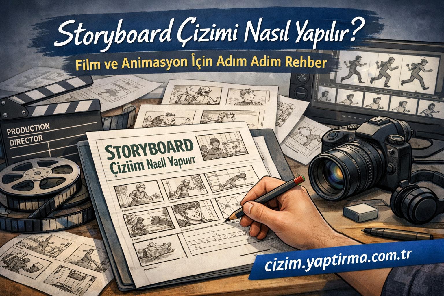Illustration of a storyboard drawing workspace with sketches, camera, film reels, and a hand drawing on a storyboard page; Turkish title at top and a website banner bottom right.