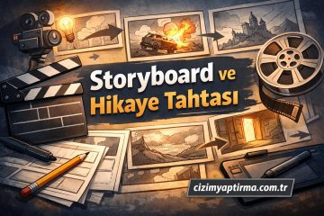 Colorful illustration banner about Storyboard ve Hikaye Tahtası, featuring camera, film reel, clapperboard, pencils and sketches; site: cizimyaptirma.com.tr.