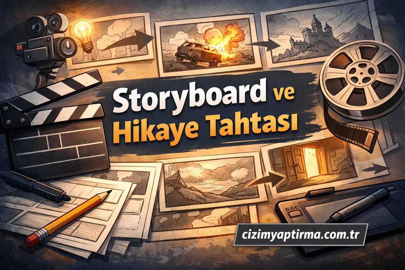 Colorful illustration banner about Storyboard ve Hikaye Tahtası, featuring camera, film reel, clapperboard, pencils and sketches; site: cizimyaptirma.com.tr.