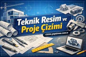 Banner promoting technical drawing and project design with blueprint plans, drafting tools, and a laptop showing a 3D model.