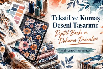 Tekstil ve kumaş desen tasarımı için görsel bir banner: renkli kumaşlar, dikiş malzemeleri ve tablet üzerinde desenler.