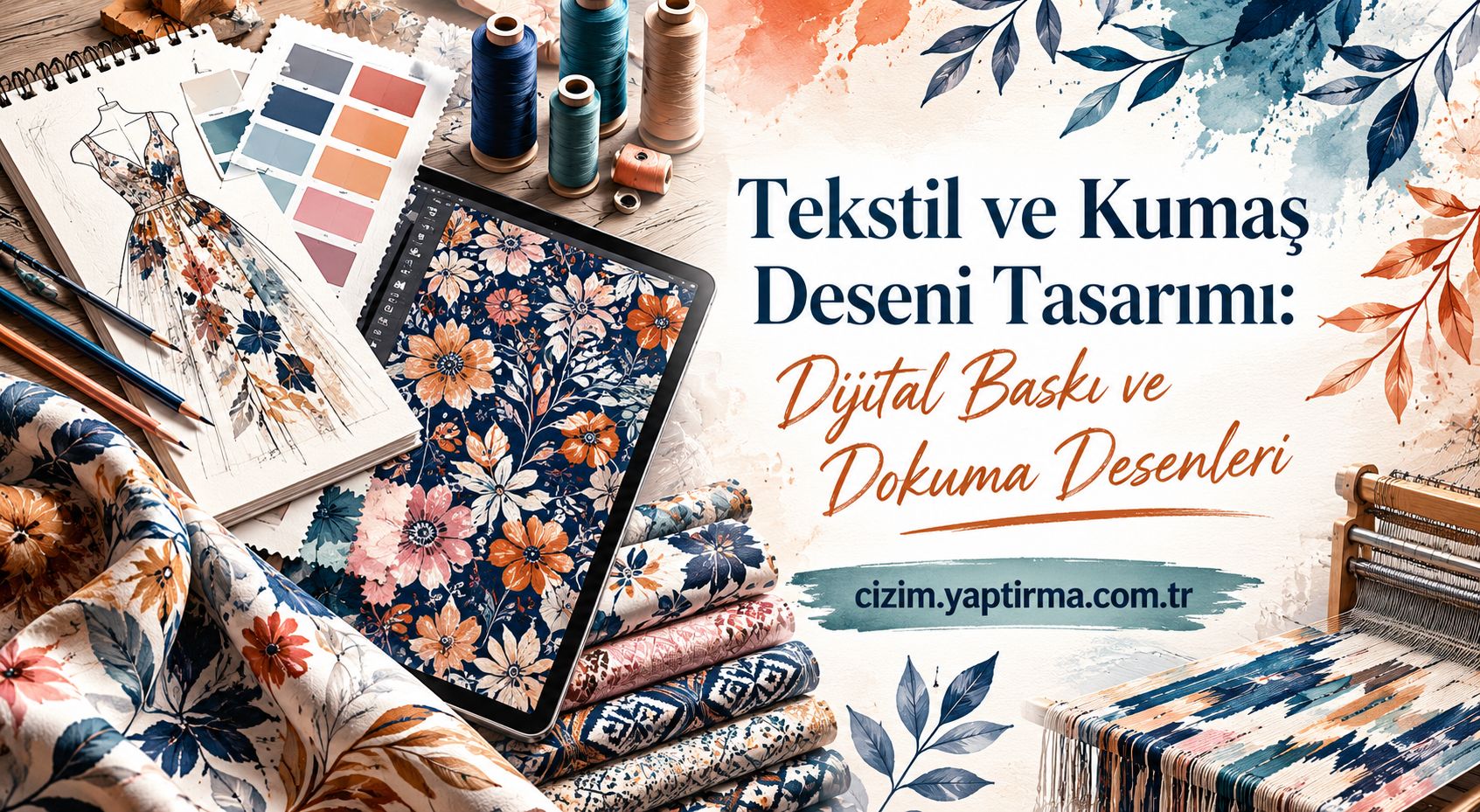 Tekstil ve kumaş desen tasarımı için görsel bir banner: renkli kumaşlar, dikiş malzemeleri ve tablet üzerinde desenler.