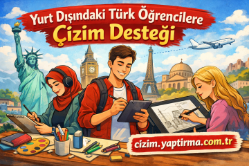 Colorful poster showing Turkish students drawing with world landmarks (Statue of Liberty, Big Ben, Eiffel Tower) in the background; includes kizim.yaptirma.com.tr link.