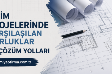 Banner with architectural blueprints, a pencil and compass, featuring Turkish headline about challenges in drawing projects and solutions, plus a URL link.