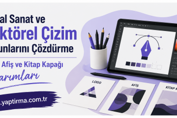Turkish ad banner about digital art and vector drawing solutions, showing a tablet with a vector design, pencils in a cup, and sample logo, poster, and book cover designs.