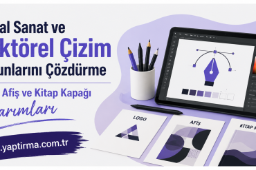 Turkish ad banner about digital art and vector drawing solutions, showing a tablet with a vector design, pencils in a cup, and sample logo, poster, and book cover designs.