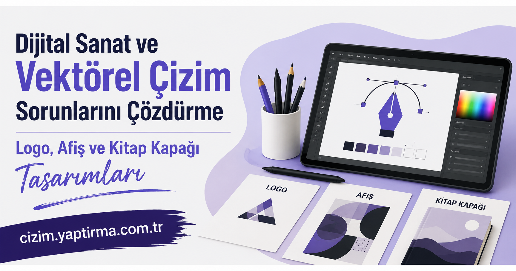Turkish ad banner about digital art and vector drawing solutions, showing a tablet with a vector design, pencils in a cup, and sample logo, poster, and book cover designs.