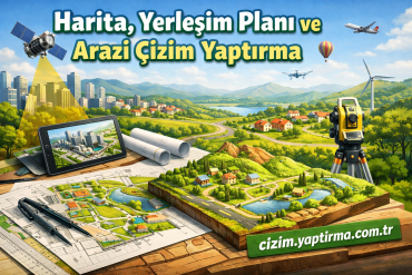 Colorful illustration advertising map and site plan drawing services, showing blueprints, a tablet with a city model, and surveying gear over a green landscape with buildings in the distance.