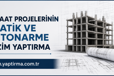 Banner for structural and reinforced concrete drawings; shows a concrete building frame with rolled blueprints, cizim.yaptirma.com.tr