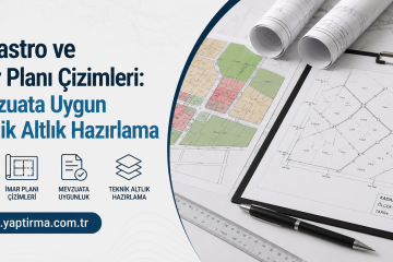 Turkish banner about cadastral and zoning plan drawings with rolled blueprints and the site cizim.yaptirma.com.tr