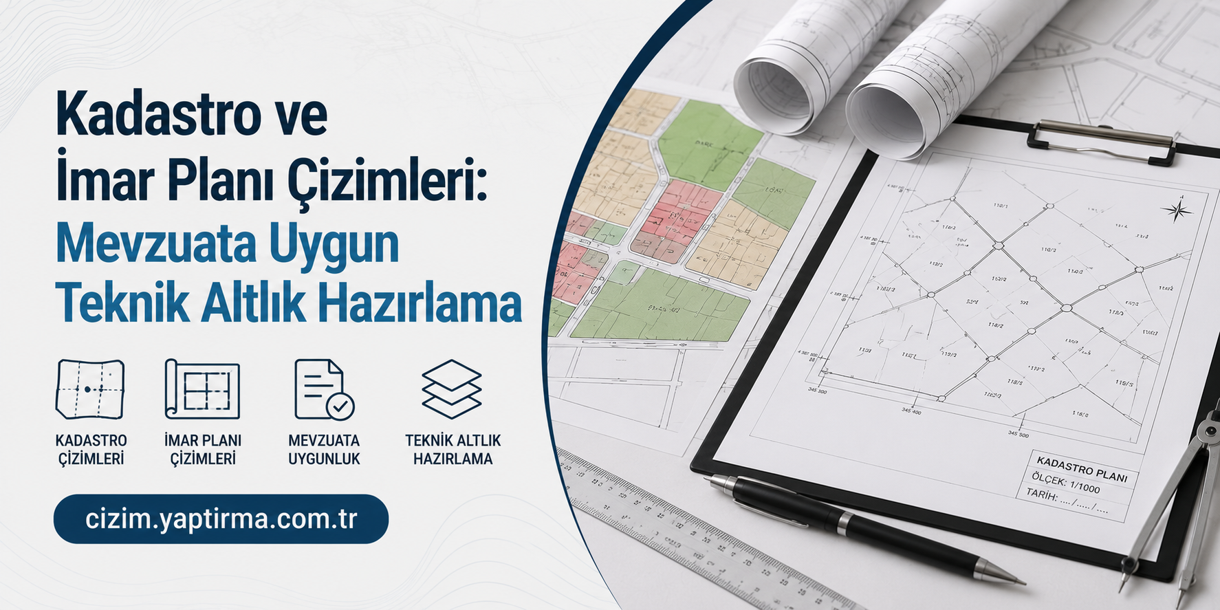 Turkish banner about cadastral and zoning plan drawings with rolled blueprints and the site cizim.yaptirma.com.tr