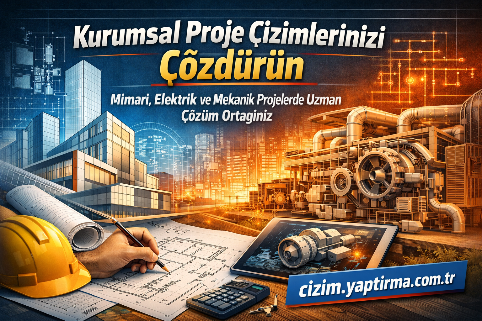 Turkish banner advertising corporate project drawings with blueprints, a yellow hard hat, tablet and industrial machinery; cizim.yaptirma.com.tr