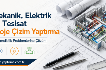 Turkish engineering services banner advertising mechanical, electrical, and piping project drawings with a 3D building model.