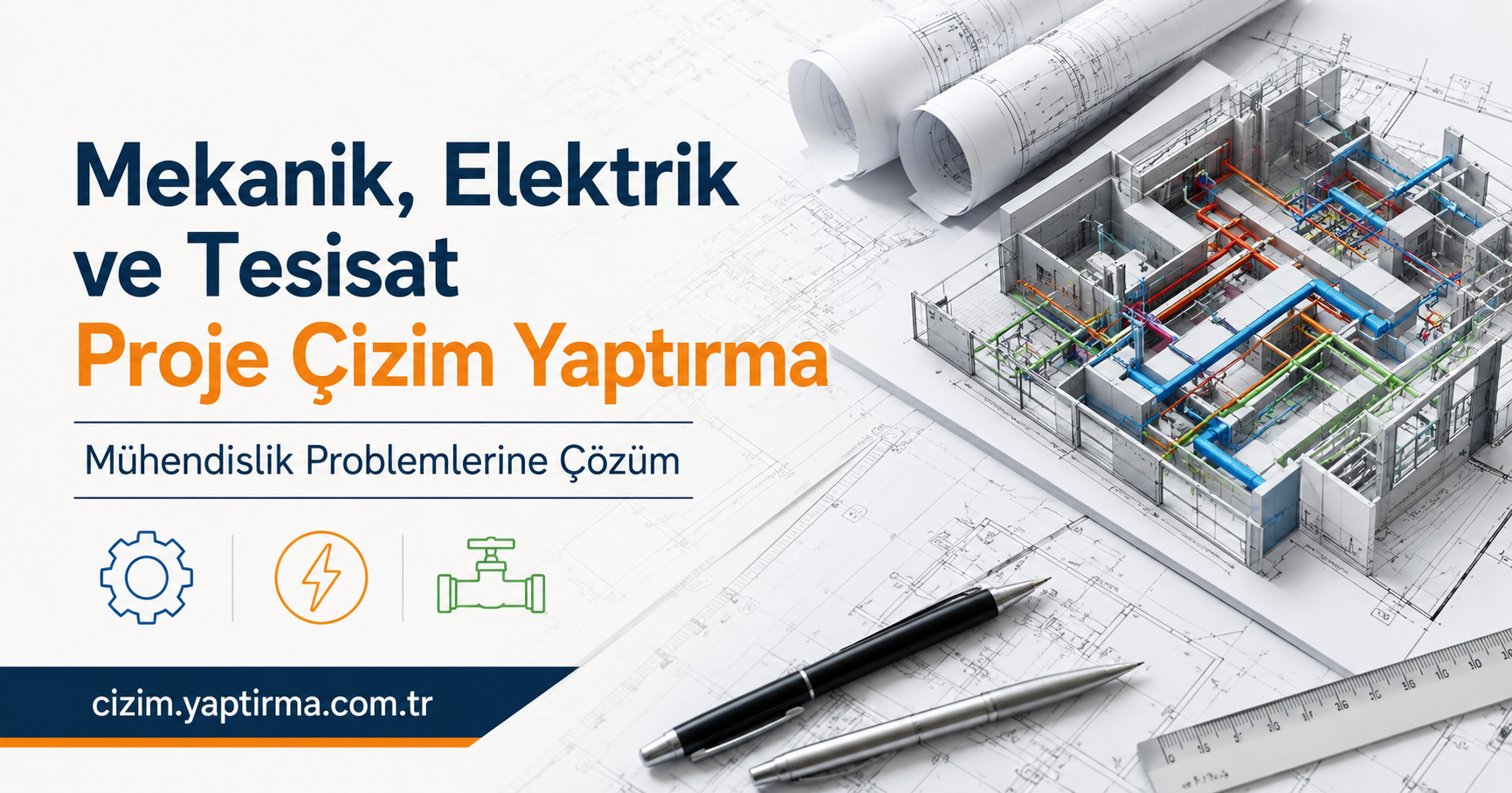 Turkish engineering services banner advertising mechanical, electrical, and piping project drawings with a 3D building model.