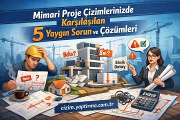 Illustration of a construction site with a worker in a hard hat and a female supervisor, studying blueprints against a city skyline.