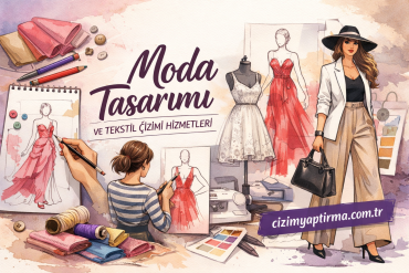 Moda Tasarımı ve Tekstil Çizimi Hizmetleri afişi; kumaşlar, kalemler ve çizim yapan tasarımcıyla dolu tasarım stüdyosu.