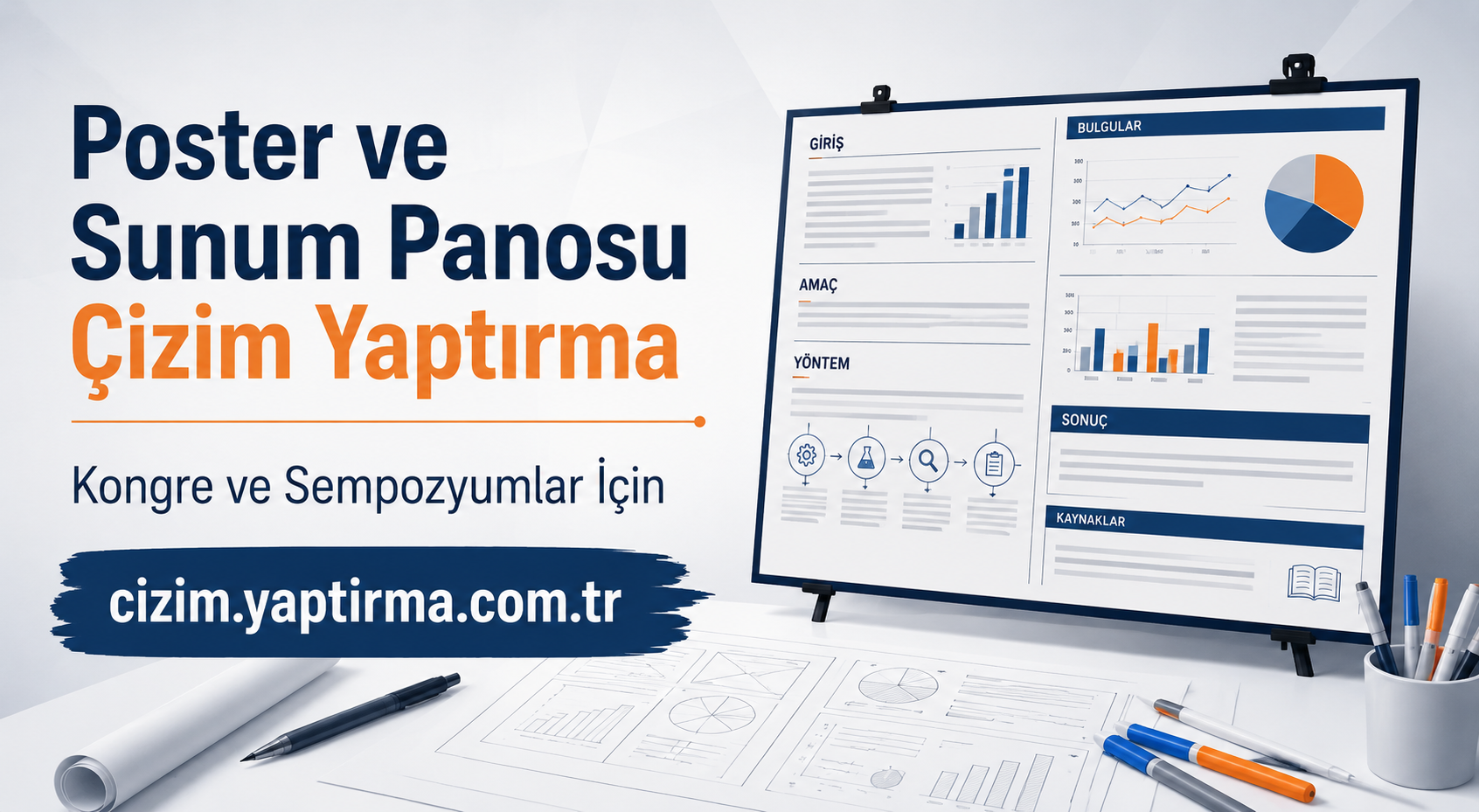 Turkish poster advertising poster and presentation board drawing services, with charts on a stand and the URL czim.yaptirma.com.tr