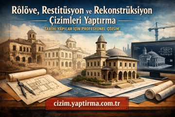 Promotional banner for architectural restoration: blueprints, a building model, drafting tools, and Turkish text about restoration drawings.