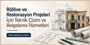 Banner advertising technical drawing and documentation services for survey and restoration, with blueprints and a historic building sketch on the right.