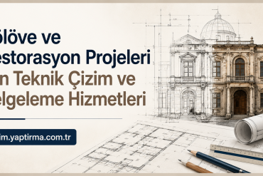 Banner advertising technical drawing and documentation services for survey and restoration, with blueprints and a historic building sketch on the right.