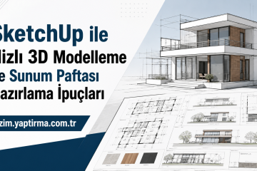 Turkish hero banner advertising SketchUp-based quick 3D modeling and presentation tips; shows a modern house sketch and blue URL cizim.yaptirma.com.tr